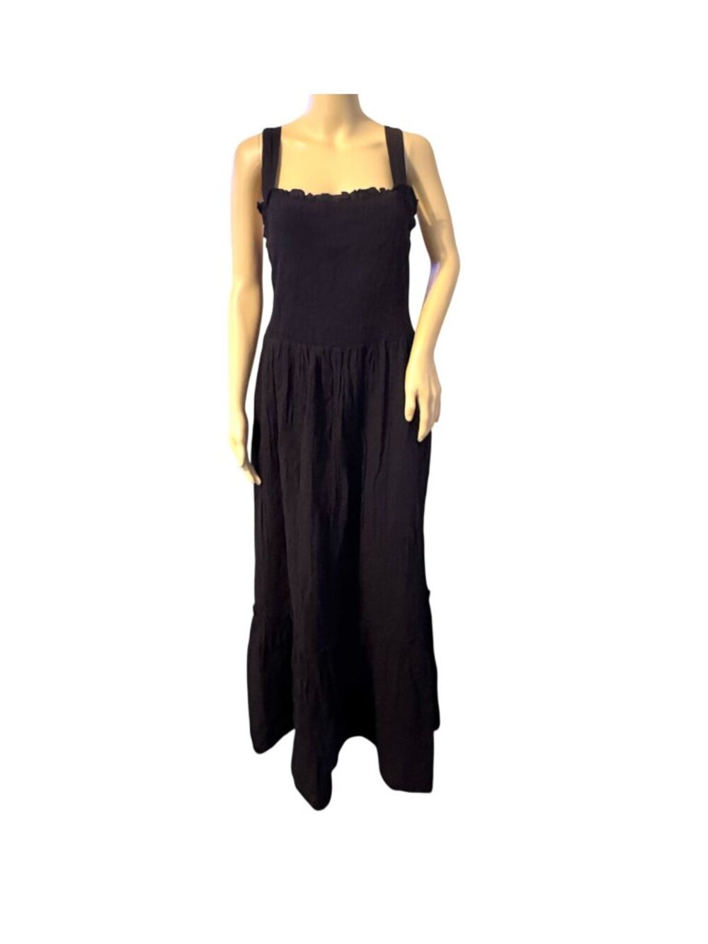 Terra & Sky Black Plus Size Smocked Maxi Dress With Ruffle Trim Sleeveless